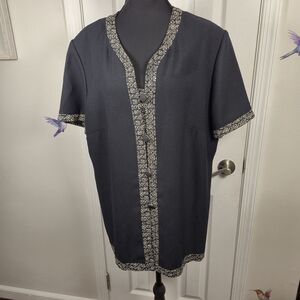 Eiffel New York Vintage Tunic Top Navy Blue Plus Size 16 Rayon Geometric Trim